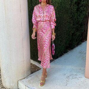 Printed collared long-sleeved shirt and high-waisted skirt fashion set